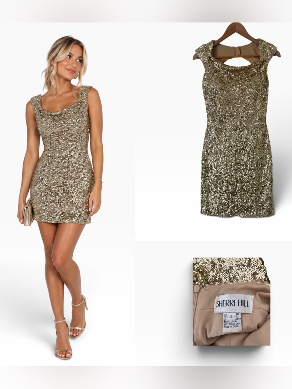 Sherri Hill Gold Sequin Open Back Mini Dress - Size 2